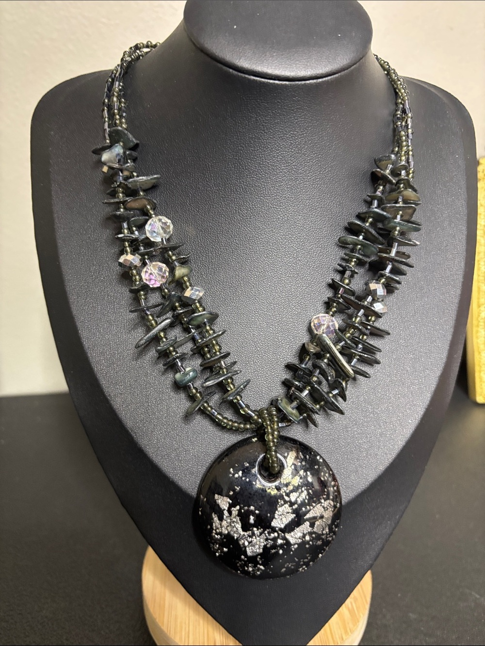 Mother of Pearl Beaded Black Dichroic Glass Pendant Necklace with Silver Accents